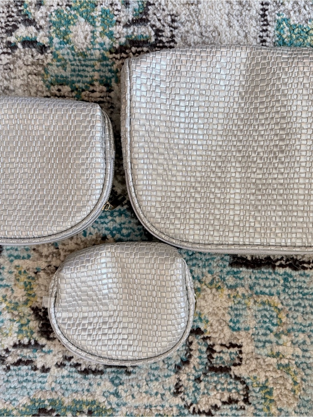 Silver Textured Cosmetic Pouch Set - 3 Piece